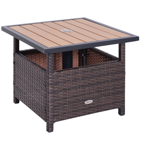 Square synthetic rattan table with parasol hole, can be used as an umbrella stand, brown
