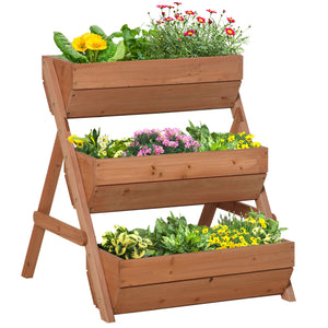 Three-tier raised wooden planter for flowers and vegetables, brown