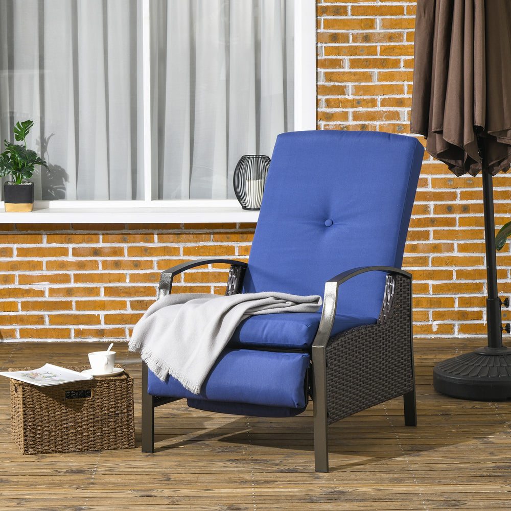 Outdoor Rattan Recliner Chair with Adjustable Backrest and Retractable Footrest, Dark Blue