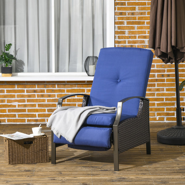 Outdoor Rattan Recliner Chair with Adjustable Backrest and Retractable Footrest, Dark Blue