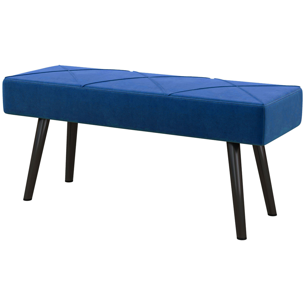 Modern upholstered bedroom bench with steel legs, dark blue