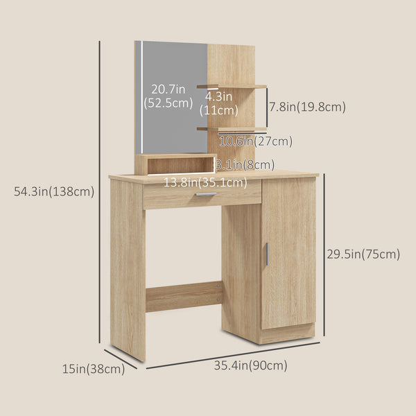 Dressing table with mirror, drawer and open compartment, natural wood