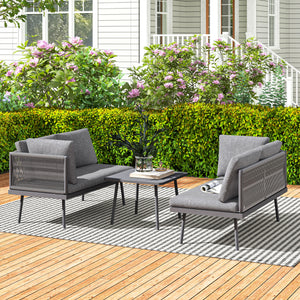 3-piece L-shaped resin wicker garden furniture set with cushions, grey