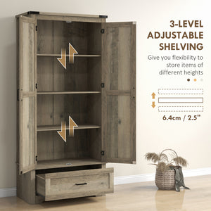 Country style pantry cabinet with 2 doors, drawer and adjustable shelves, grey-beige