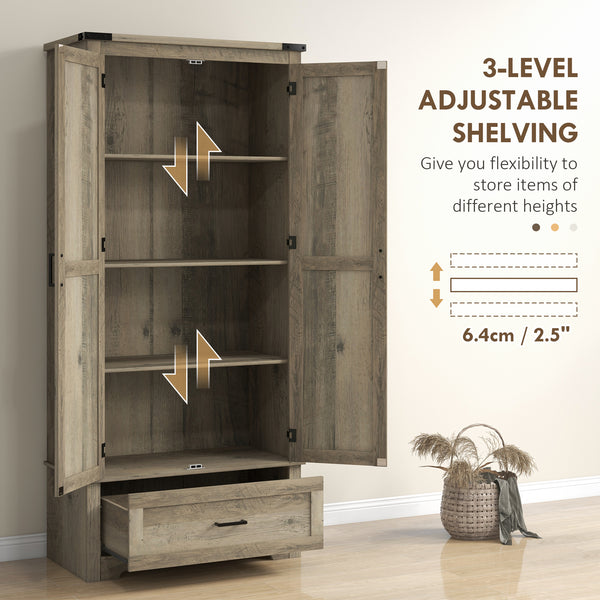 Country style pantry cabinet with 2 doors, drawer and adjustable shelves, grey-beige