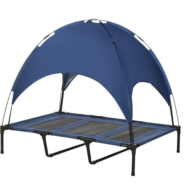 Cooling elevated dog bed with canopy, dark blue