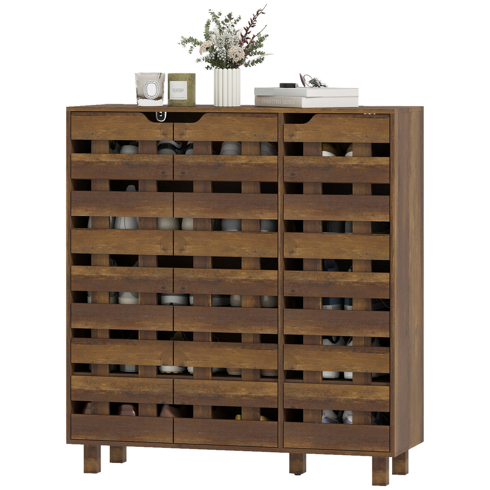 Shoe cabinet for 20 pairs of shoes with slatted doors, aged brown