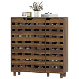 Shoe cabinet for 20 pairs of shoes with slatted doors, aged brown