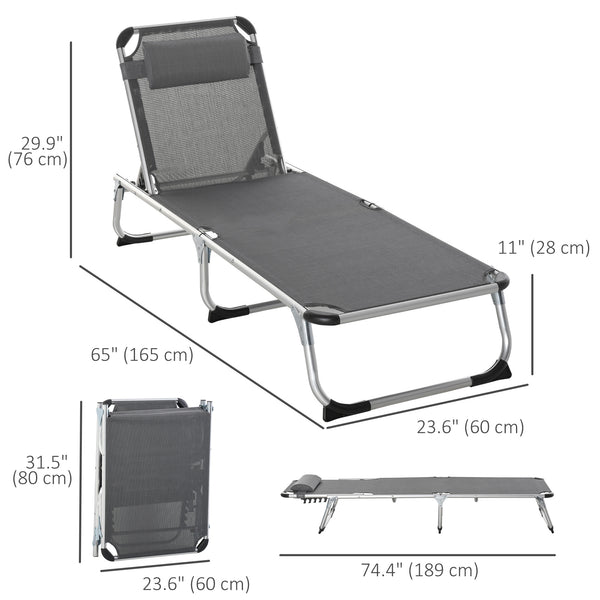 Folding Lounge Chair, Patio Lounger with Headrest, 5-Level Adjustable Backrest, and Aluminum Frame, Grey