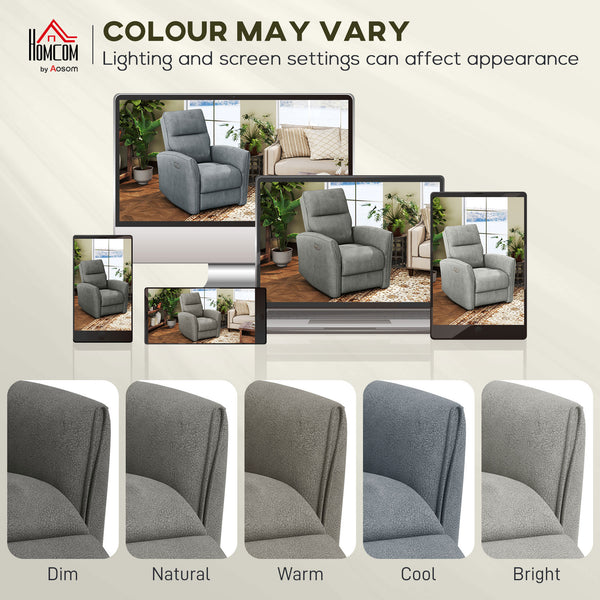 Electric reclining chair, fabric upholstery, USB ports, footrest, grey