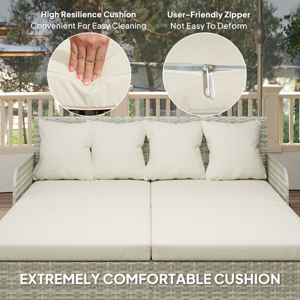 Outdoor rattan sun lounger with soft cushions, 4 pillows, curved backrest and armrests, beige