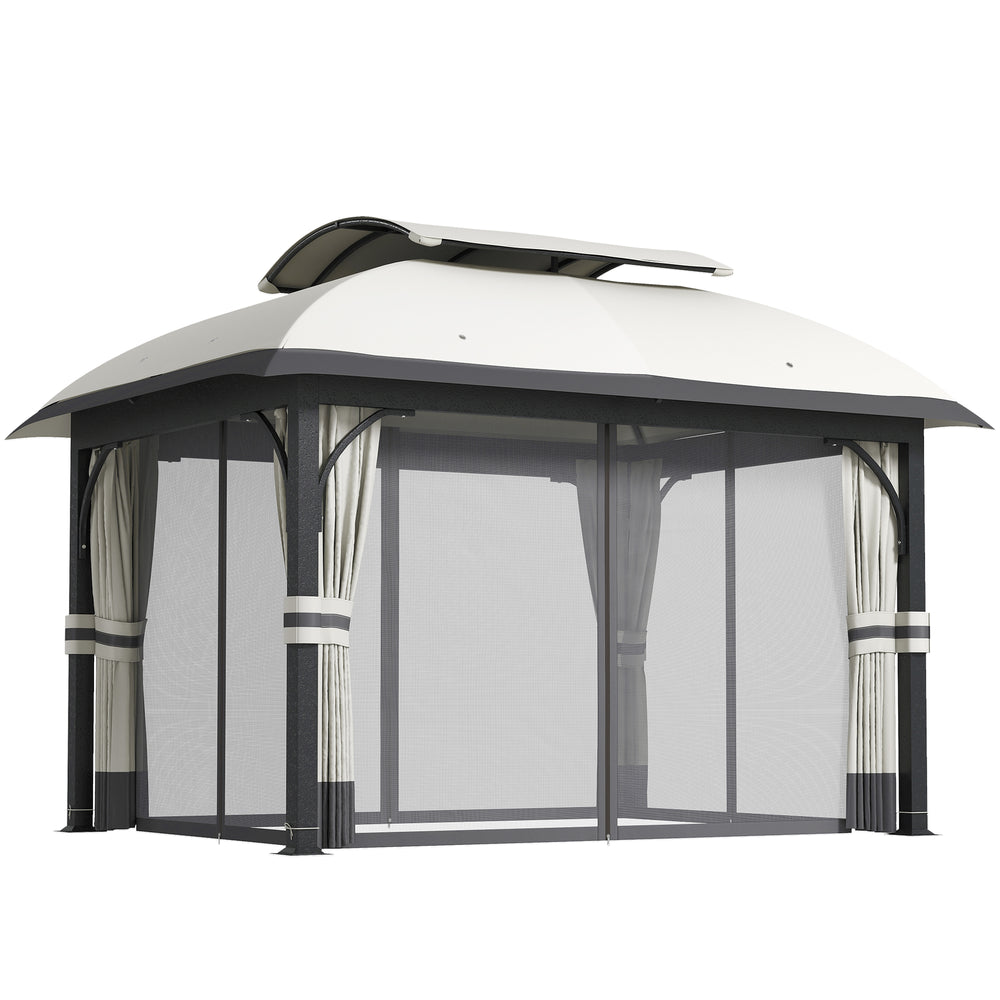 11' x 13' Patio Gazebo, Double Roof Outdoor Gazebo Canopy with Netting & Curtains, Galvanized Metal Frame, Light Grey