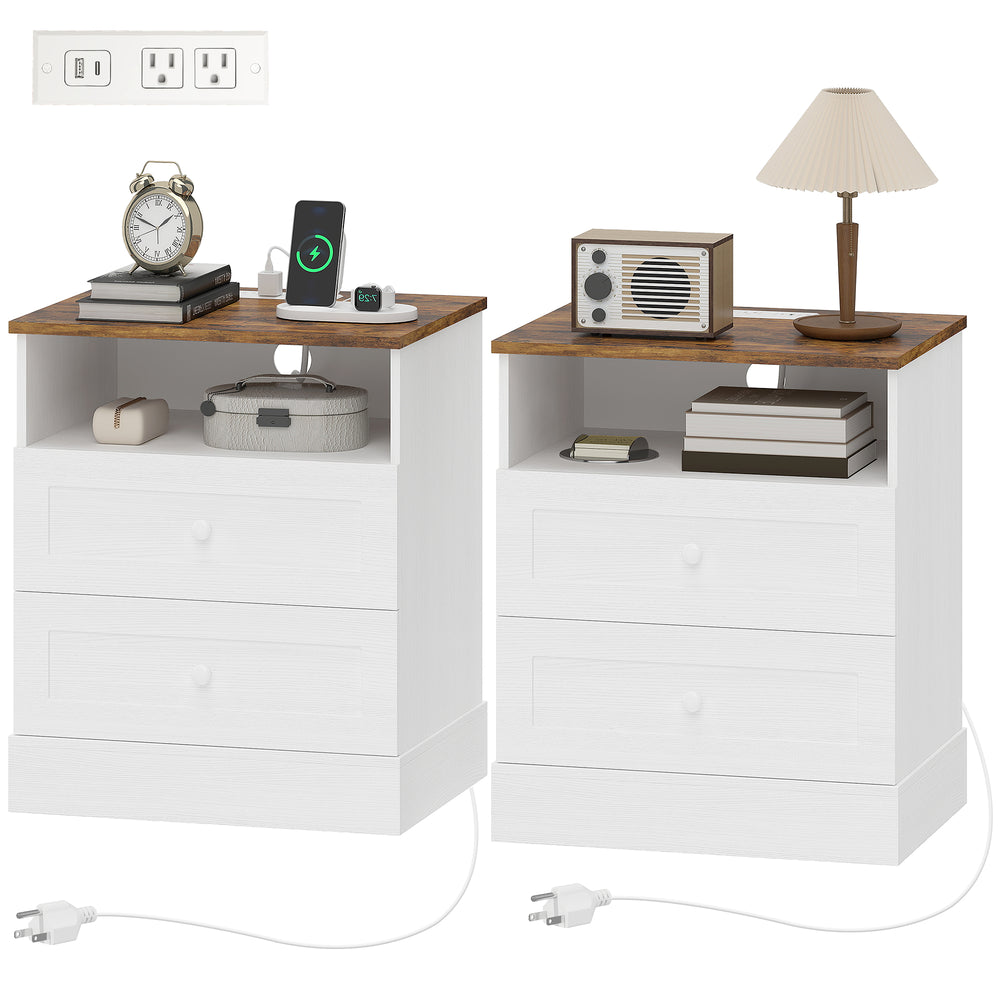Nightstand with charging station and 2 drawers, set of 2, white and oak