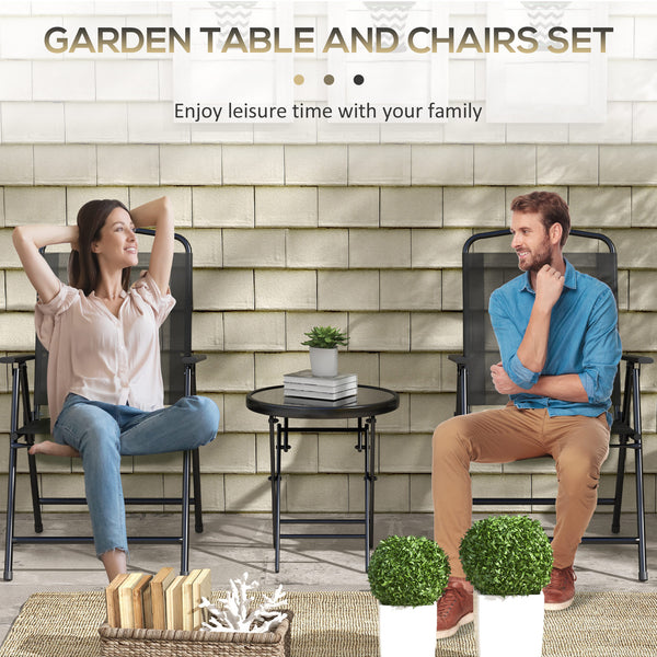 3-piece folding bistro set with mesh chairs and glass table, black