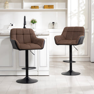 Set of 2 swivel bar stools with footrest, black and brown