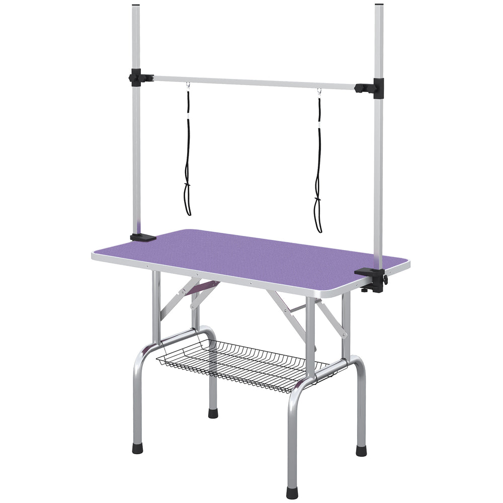 Adjustable Dog Grooming Table with 2 Safety Straps and Storage Basket, Purple