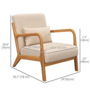 Fabric lounge chair with wooden legs and thick padding, beige