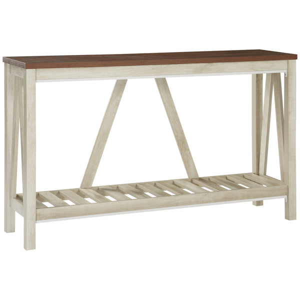 Narrow country-style console table with storage shelf, oak color