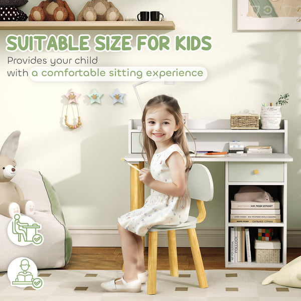 Desk and chairs with storage and shelves, green