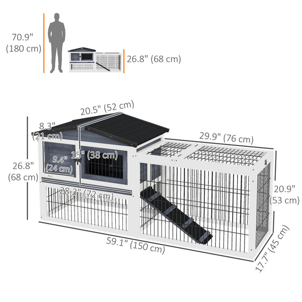 Dark grey wooden hutch with ramp, opening roof and pull-out tray