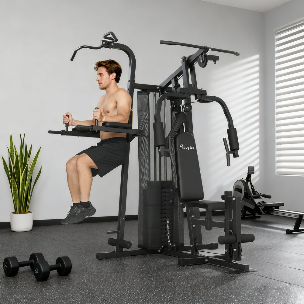 Multifunction home gym with 152 lb adjustable weight stack