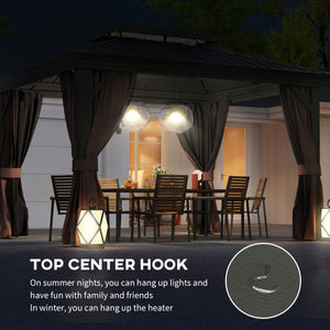10' x 12' Hardtop Gazebo with Galvanized Canopy and Mesh Sidewalls for Lawn and Garden, Dark Brown 