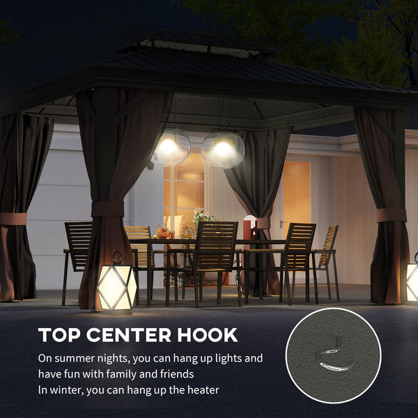 10' x 12' Hardtop Gazebo with Galvanized Canopy and Mesh Sidewalls for Lawn and Garden, Dark Brown 
