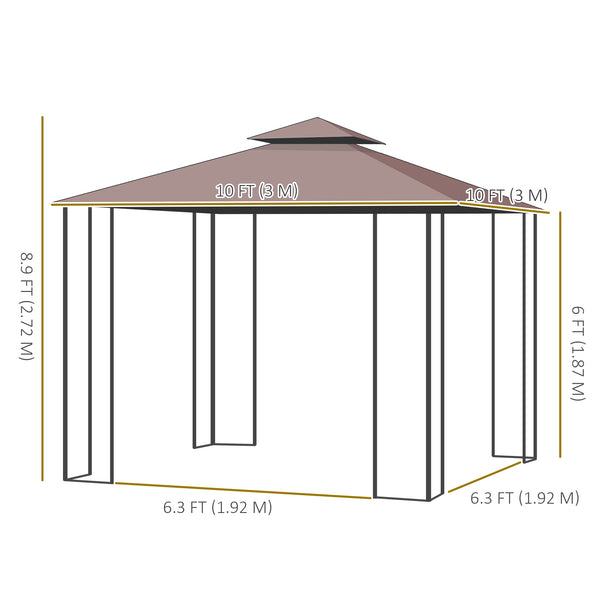 10'x10' Soft-top Steel Patio Gazebo Outdoor Sun Shelter with 2-Tier Polyester Roof, Curtain Sidewalls, Brown