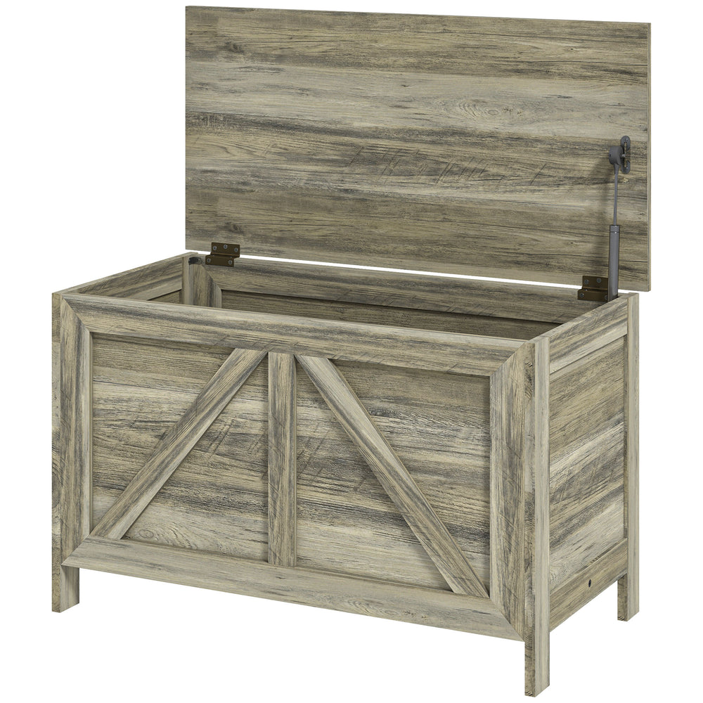 Farmhouse style storage chest, 100° opening safety hinge, grey wood grain