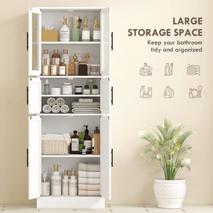 Bathroom storage cabinet with glass doors and adjustable shelves, white