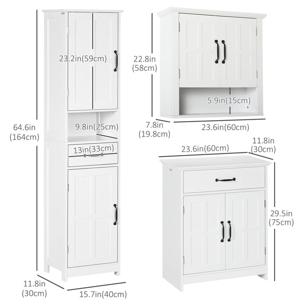 Modern 3-piece bathroom furniture set with drawers and shelves, white
