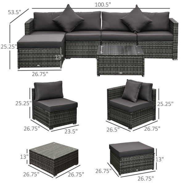 6 Pieces Outdoor PE Rattan Wicker Patio Furniture Sofa Set with Thick Cushions, Deluxe Garden Sectional Couch with Glass Top Table, Mixed Grey and Charcoal