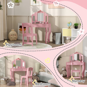 Dressing table with removable tri-fold mirror and drawer, pink