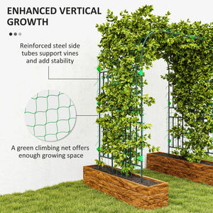 Arched garden trellis with netting for climbing plants 