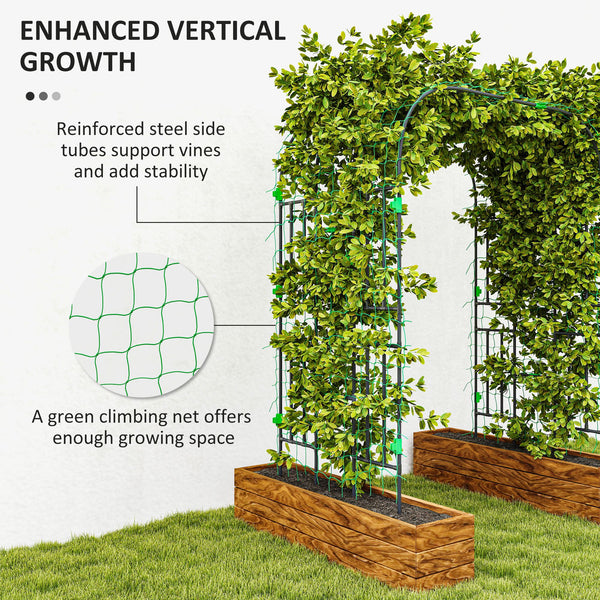 Arched garden trellis with netting for climbing plants 