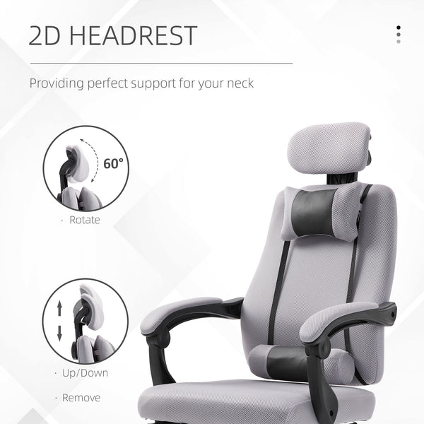 Ergonomic high-back office chair with footrest and lumbar support, grey
