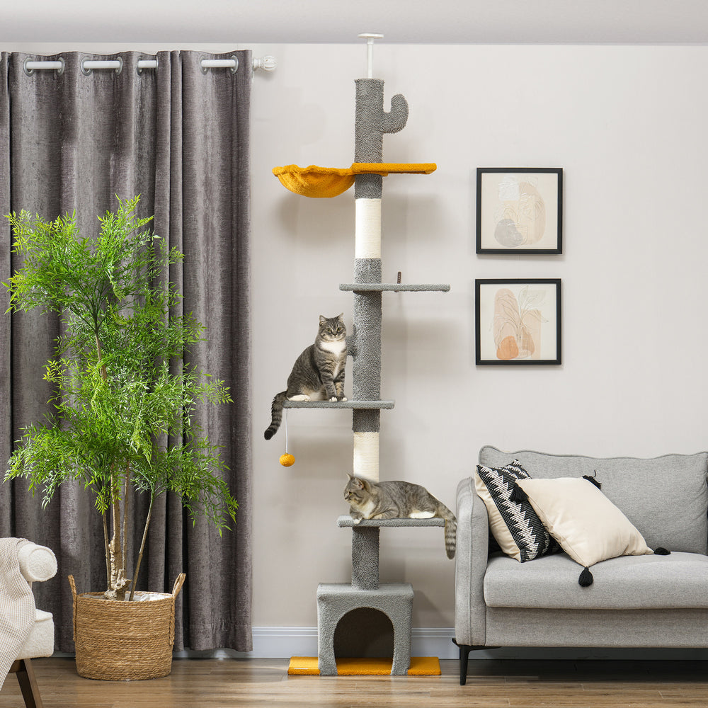 Cat tree with adjustable height from 229 to 274 cm, scratching posts, hammock, lounger and play ball, light gray