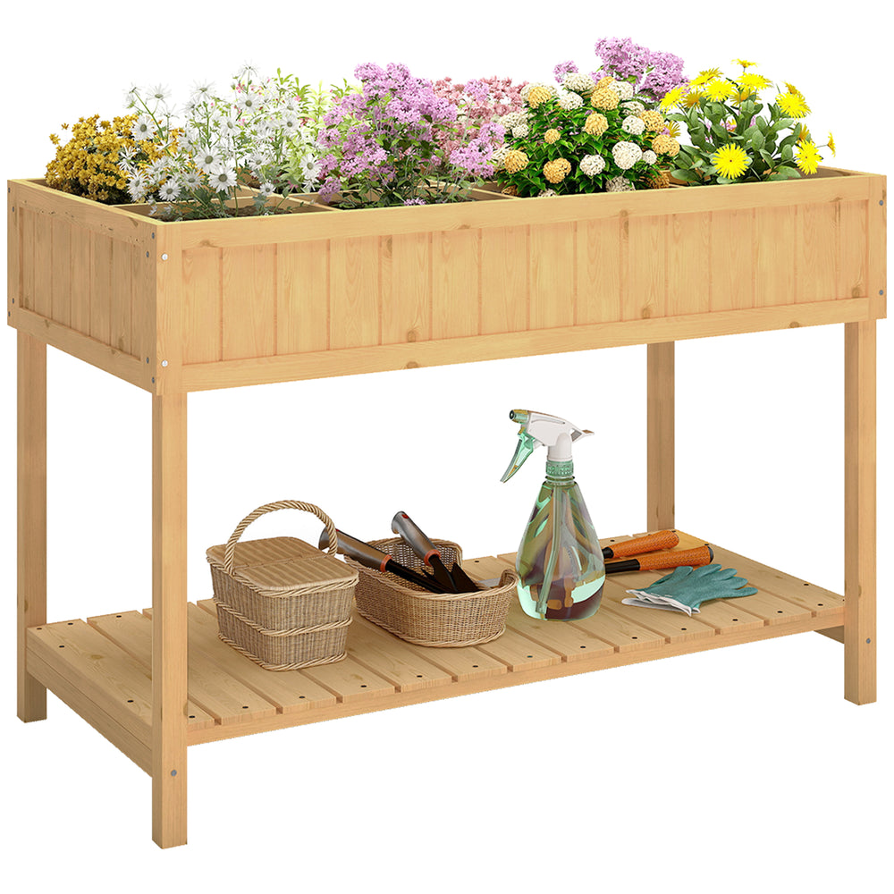 Raised planter with 8 compartments, storage shelf, natural wood color