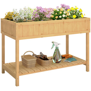 Raised planter with 8 compartments, storage shelf, natural wood color