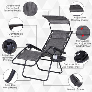 Set of 2 Outdoor Zero Gravity Chairs with Side Tray and Cup Holder, Reclining Lounge Chair with Breathable Mesh Fabric Seat, Pillow, Dark Grey