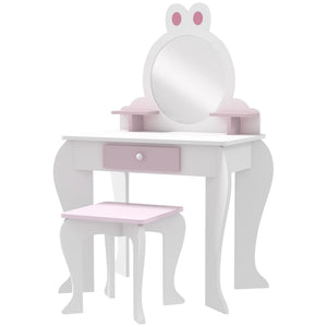 Dressing table with stool, mirror, drawer and storage boxes, rabbit motif, white