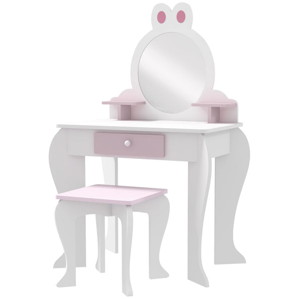 Dressing table with stool, mirror, drawer and storage boxes, rabbit motif, white