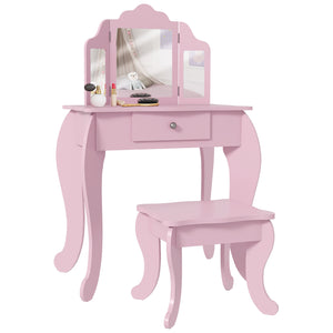Dressing table set with folding mirrors, star and heart patterned drawer, pink