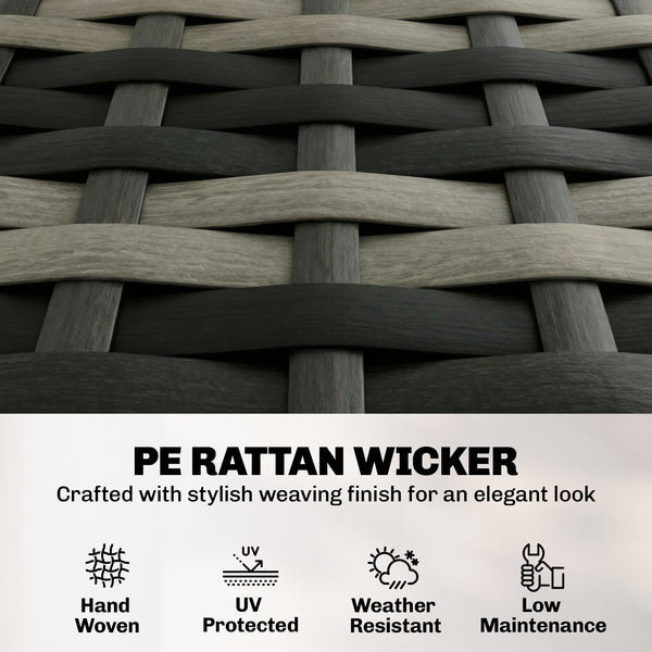 4-piece wicker resin conversation set with a two-seater sofa, chairs and a two-tier table with cushions, dark gray.