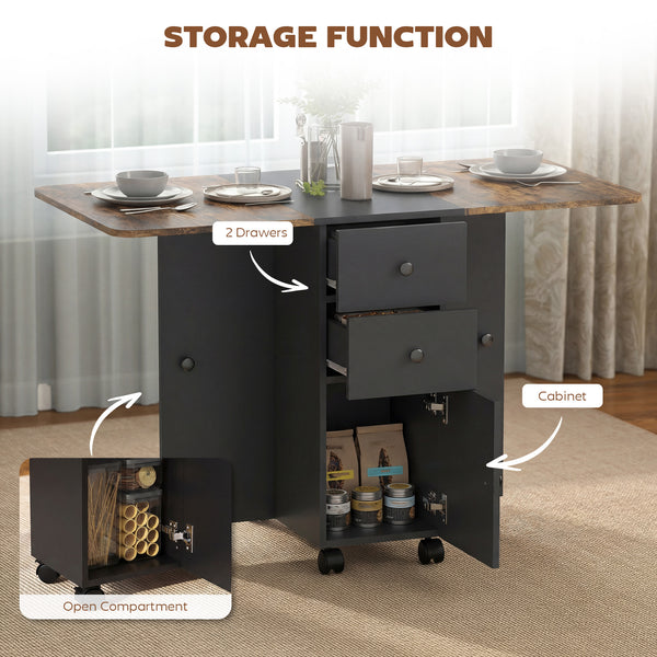 Drop-leaf dining table on casters with drawers and cupboard, rustic brown and black.