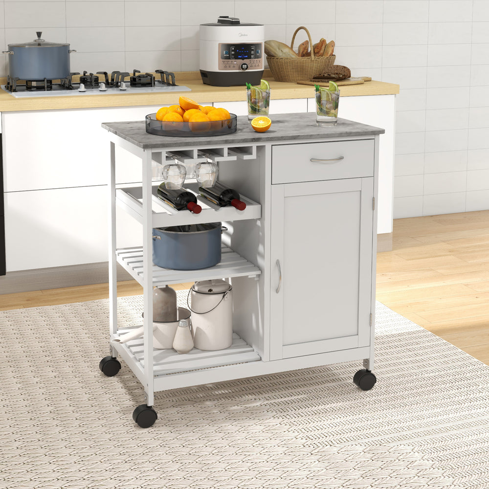 Rolling kitchen trolley with wooden top and drawer, white