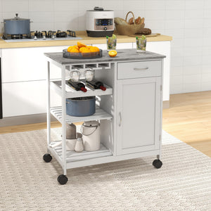 Rolling kitchen trolley with wooden top and drawer, white