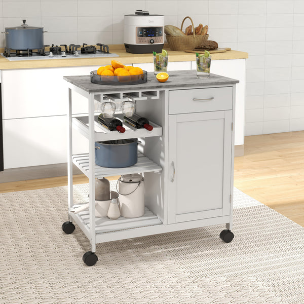 Rolling kitchen trolley with wooden top and drawer, white