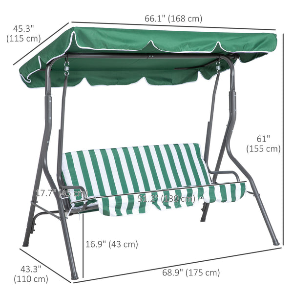 Outdoor swing chair with adjustable canopy, removable cushion and weather-resistant steel frame, green and white