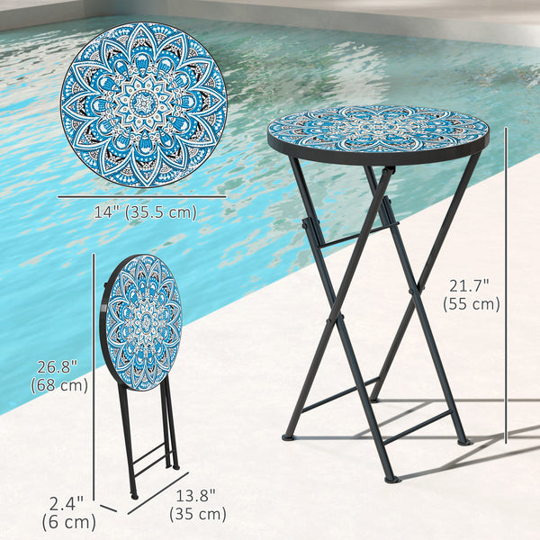 Mosaic Outdoor Patio Side Table, 14" Round Folding Outdoor Coffee Table with Steel Frame for Balcony Deck Patio Terrace, Blue